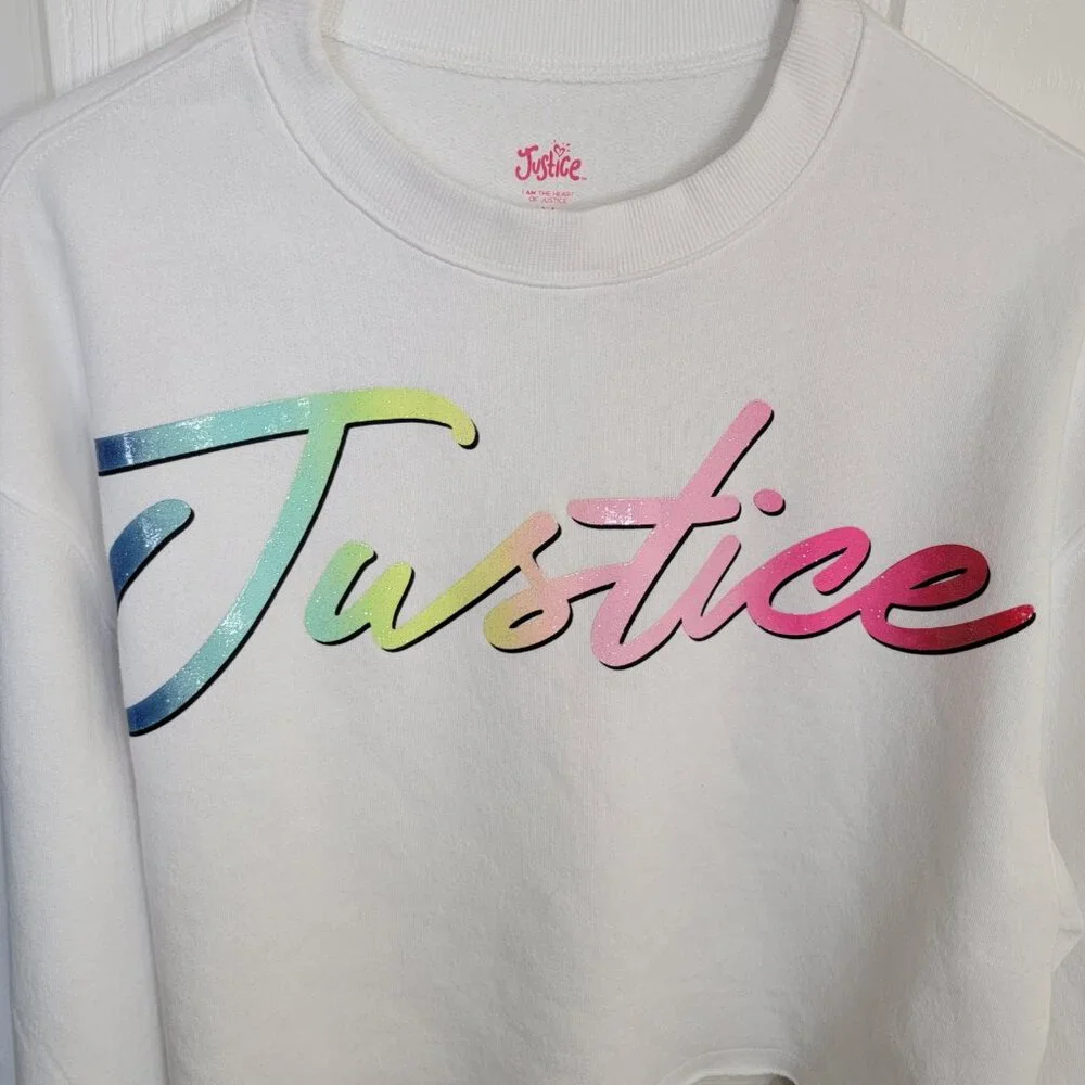Justice Girls Cropped Sweatshirt Size M (10) Graphic Raw Hem Long Sleeve